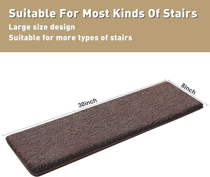 PURE ERA Carpet Stair Treads Ultra Plush 8 x 30 inch Soft Indoor Stair Protectors Pet-Friendly Non-Slip Skid Resistant Tape Free Washable Reusable(7 Pieces,Dark Brown)
