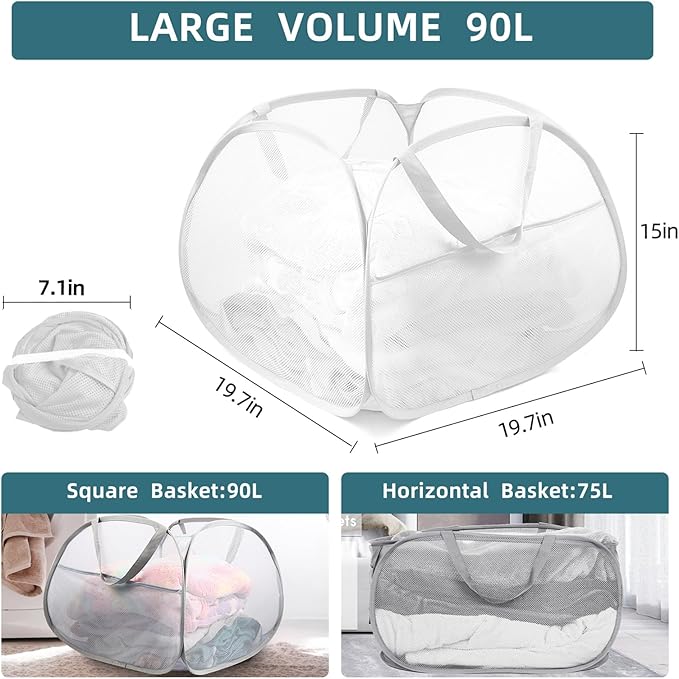 Collapsible Laundry Basket, 90L Large Foldable Mesh Pop Up Hamper for Laundry, Dirty Clothes, Bedroom, Bathroom, Dorm, Laundry Room, Travel, Camping, White