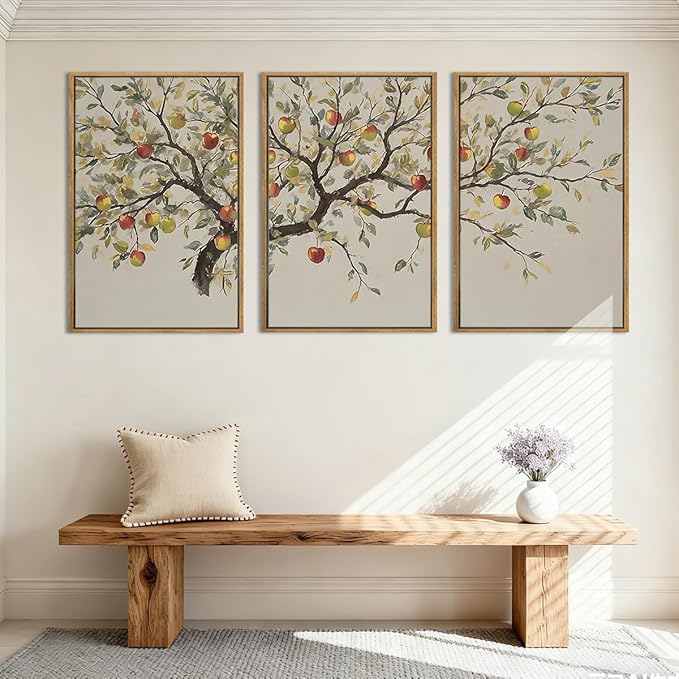 IAPTTOP Large Neutral Botanical Wall Art 16x24 Inch Beige Fall Wood Tree Canvas Wall Decor Rustic Farmhouse Leaves Wall Painting Art Print for Kitchen Living Room Set of 3
