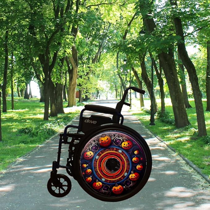 Designer Halloween Wheelchair Wheel Covers – Spooky Laughing Pumpkin Theme | Wheelchair Accessories | Enhances Aesthetics, Easy Install/Remove, Lightweight, (Party Pumpkin)