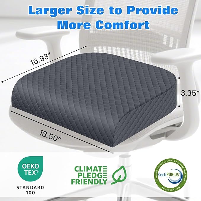 Seat Cushion, Memory Foam Chair Pad, Non-Slip Cushion for Office, Home, Car, Large Desk Chair Cushion, Washable Cover & Handle, X-Large, Grey