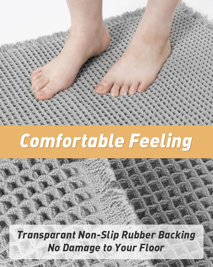 Upgraded Waffle Runner Rug Super Absorbent Non Slip Bath Mats for Bathroom Machine Washable Bathroom Runner Rug with Tassels, Ideal for Hallway Bedroom Laundry Room, Light Grey, 2'x 4'（24" x 48")