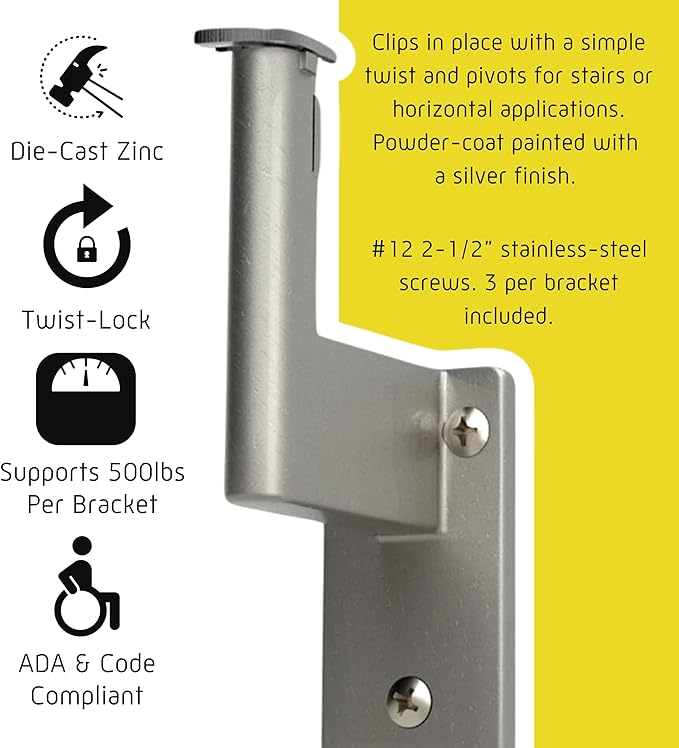 Promenaid 12ft ADA Handrail Kit - Silver - Complete Indoor/Outdoor Handrail for Stairs - 1.6" Round Anodized Aluminum Railing with 6 Silver Painted Pivoting Brackets & ADA Wall Returns