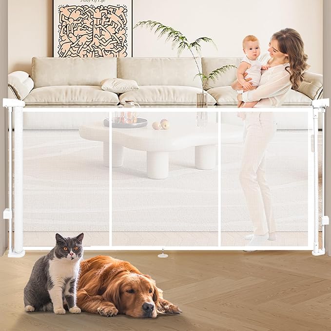 81" Retractable Baby Gate Extra Wide, 41" Tall Retractable Dog Gate for Stairs, Doorways, Decks, Mesh Gate Long Child Gate Pet Gate for Indoor, Outdoor, with Reinforced Mesh Rods, Dual Locks