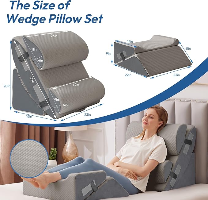6PCS Wedge Pillow Set for After Surgery, Sit Up Pillow for Bed, Back Support Pillow, Bed Wedge for Shoulder, Leg Pain Relief, Post Surgery Pillow for Sleeping, Acid Reflux, Grey