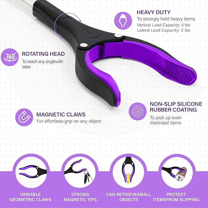 Grabber Reacher Tool - 32” Reacher Grabber Tool with Strong Magnetic and Swivel Head - FDA Registered Heavy Duty Pick Up Stick Grabbers for Seniors, Trash, Surgery Recovery Must Haves Gifts(Purple)