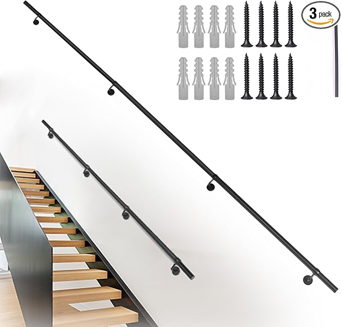 12Ft Industrial Metal Stairs Handrail Kit, Sturdy Wall Mount Aluminum Hand Rail, Indoor Outdoor Stair Railing Wood Concrete Brick Wall,1.5 in Round Pipe Grab Bar, Matte Black-12FT