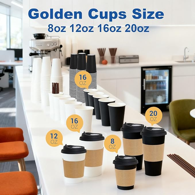 20 oz 500 Pack Coffee Cups with Lids and Sleeves, Straws, Hot Disposable To Go Travel Paper Cups Bulk for Office, Home Coffee Bar Accessories, Chocolate, Cocoa, Beverage (Black)