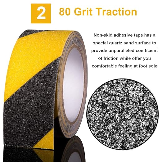 RELIANCER Anti Slip Safety Grip Tape 4inx60ft Non Skid Tread Safety Tape with High Traction Grit Yellow & Black Marking Self-Adhesive Tape Hazard Caution Warning Tape for Stairs Steps Deck