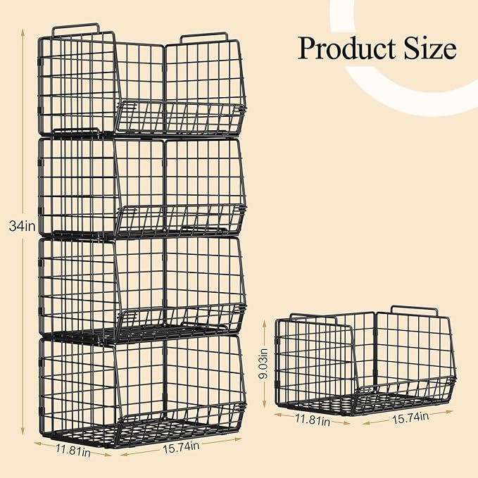 4 Pack Stackable Pantry Organizer and Storage Baskets, Foldable Wire Baskets for Pantry Storage, Large Pantry Organizers for Fruit, Vegetable, Snack, Bread, Produce Storage – Black