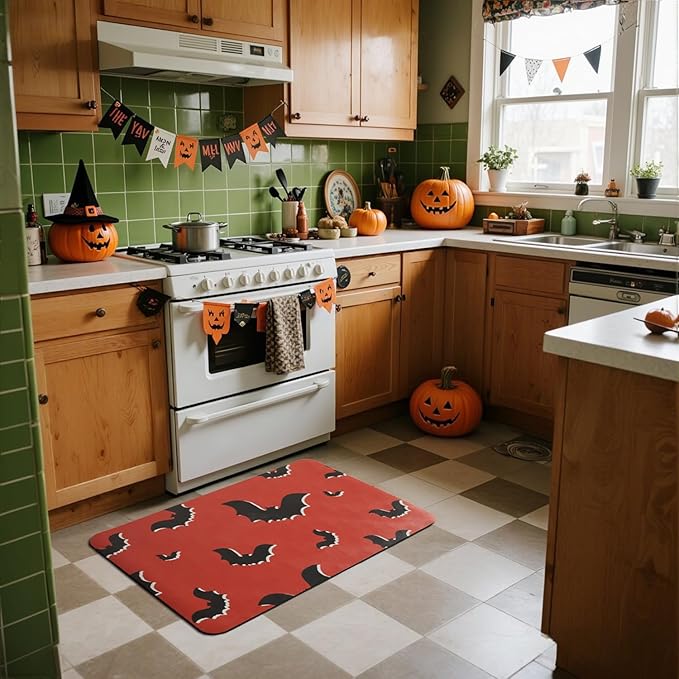 Halloween Bath Mat, Thin Halloween Bathroom Rug Non Slip Quick Dry Bat Bath Mat Fits Under Door Thin Floor Mat Halloween Decor, 24''x36'', Gothic Bats Orange