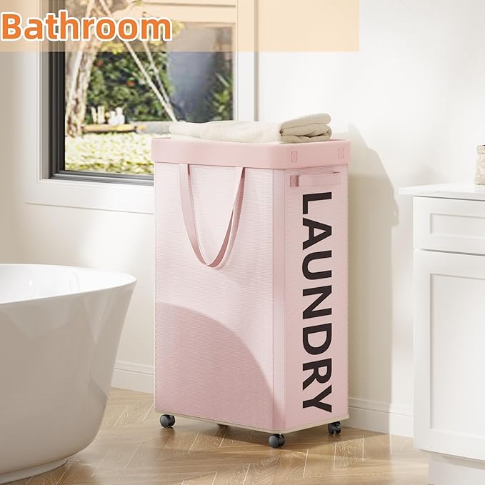 2 Pack Rolling Laundry Basket with Wheels, 90L Hamper with Wheels and Removable Mesh Bag, Pink Laundry Baskets on Wheels for Bedroom, Dorm, Clothes Hamper Organizer