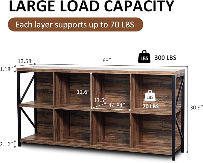 8 Cube Storage Organizer Bookshelf, Industrial Horizontal Bookcase, Accent Cubby Shelf, Media Console Table for Living Room, Home Office, 13.6" D x 63" W x 30.9" H, Light Oak
