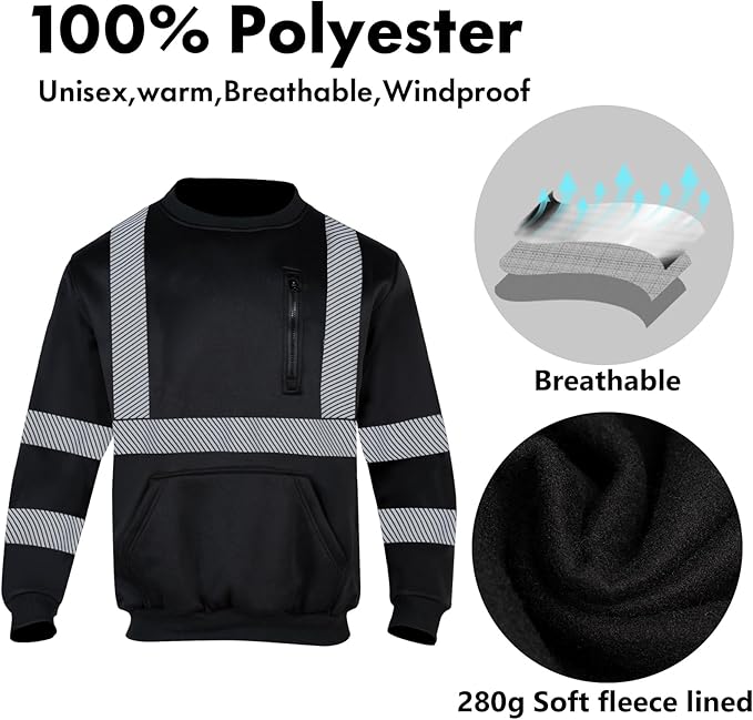 VENDACE Hi Vis Safety Sweatshirts for Men Reflective ANSI Class 3 High Visibility Construction Work Crew Sweatshirt No Hood