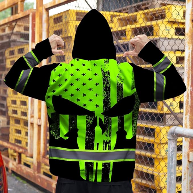 Maddly Hi Vis Reflective Zip Up Hoodie, High Visibility Safety Jacket with Skull Design for runner, worker, trucker, cyclist