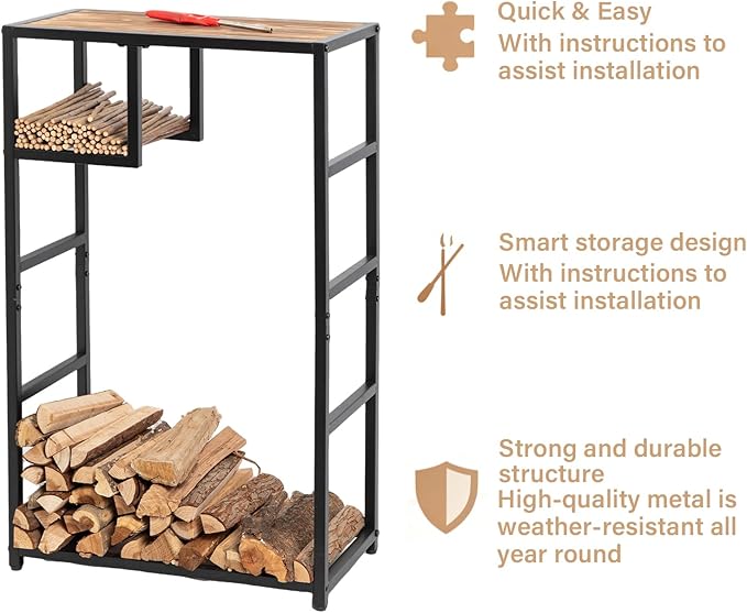 Indoor Firewood Rack - 23 x 39 Inches Durable Firewood Holder for Indoor and Outdoor Use - Elegant Fireplace Storage Solution & Stylish Home Decor