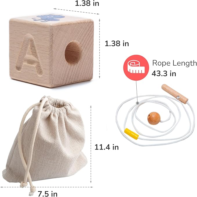 Bimi Boo Alphabet Lacing Beads for Toddlers - ABC Fine Motor Letter Threading Wooden Toy with Objects & Animals (26 Large Stringing Blocks, 2 Ropes, Cotton Bag)