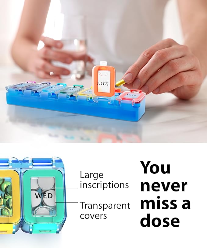 Weekly Pill Organizer 1 time a Day – Pill Box 7 Day with Enhanced Waterproof Seal, Large compartments Hold Big Vitamins & Supplements, Upgraded Locking lids, for Home & Travel use, Durable Hard case