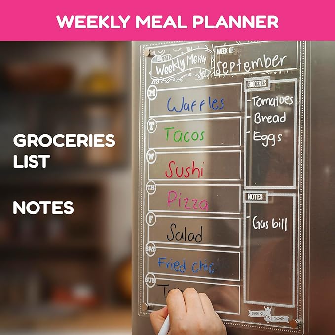 CHALKY CROWN Acrylic Magnetic Weekly Planner for Fridge Plus Menu Board for Kitchen with 8 Magnetic Markers - Dry Erase Board for Fridge - Weekly Meal Planner (2 Boards, 14.5x10.2 Each)