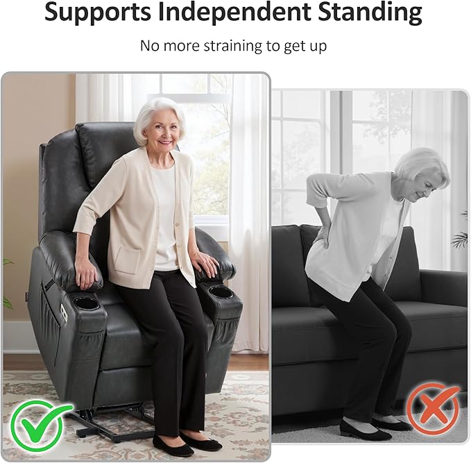 MCombo Power Lift Recliner Chair for Elderly, Lift Chair with Heat and Massage, FSC Certified, USB Ports, Cup Holders, Faux Leather 7141 (Grey, Small)