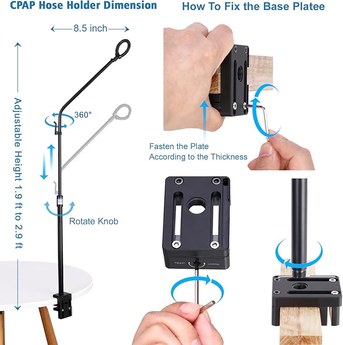 LONYEON CPAP Hose Holder - Height Adjustable Hose Lift, Removable and Foldable - Hose Support Hanger Provide 2 Clamping Sides Prevents Avoid Tangling, Blockage and Leakage, Black