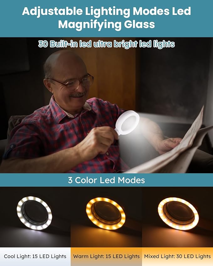 6X/15X Magnifying Glass with Light, lighted magnifying glass for Reading, Handheld Magnifier with 30 LED Light and Anti-Glare Lens, Ideal Gift for Seniors, Macular Degeneration, Low Visions
