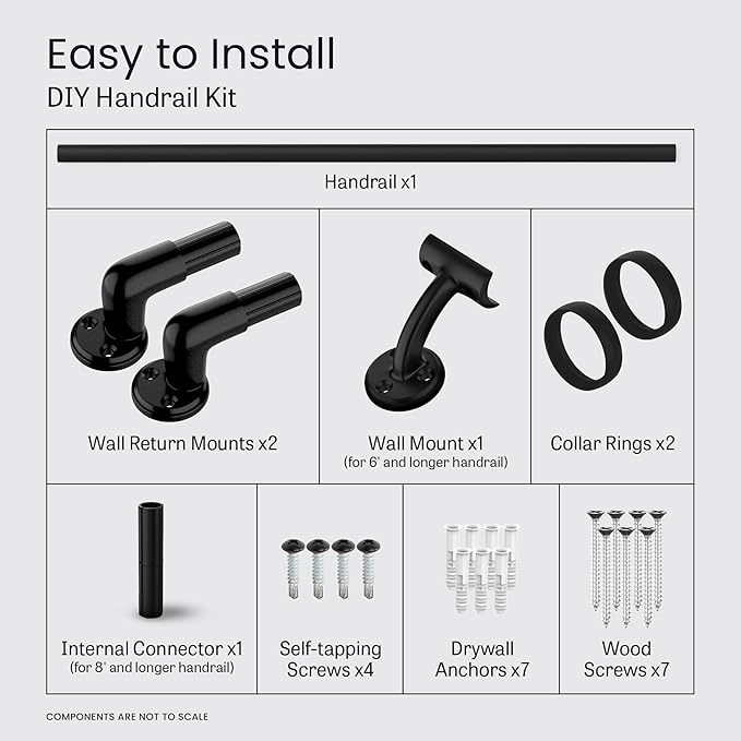 Meranti Aluminum Handrail for Stairs - ADA Compliant Wall Returns - Handrails for Indoor Stairs - Metal Handrail, Powder Coated for Outdoor Environment, DIY Handrail Kit (WHR, Black Textured, 9' L)