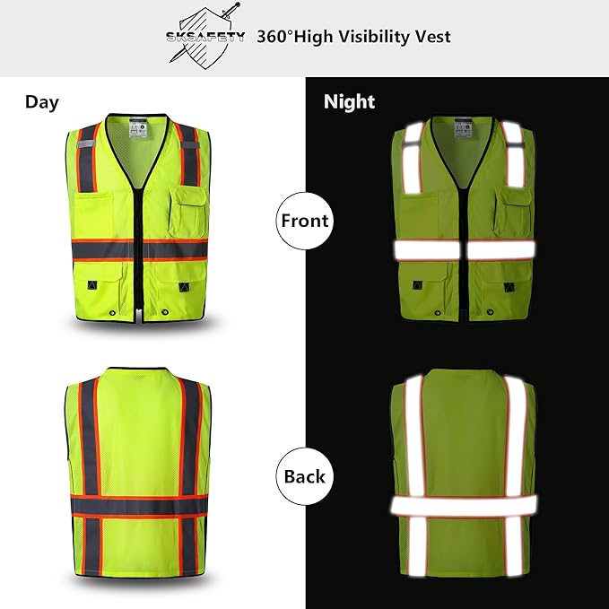 SKSAFETY 10 Pockets Professional Safety Vest, Class 2 High Visibility, ANSI/ISEA Standard, Construction Work Vest (Lime, 4XL)