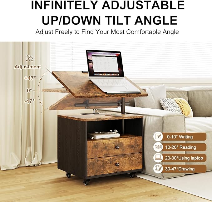 Bedroom Nightstand with Drawers & Charging Station, Adjustable Height Bedside Table with Wheels, Wooden Small Sofa Side Tables with Storage for Living Room, Rustic Brown