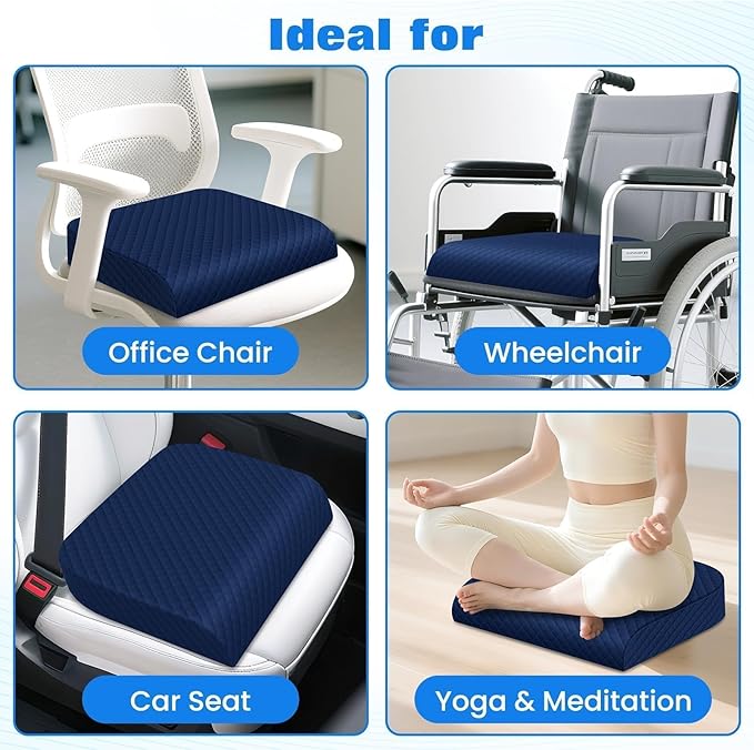 Seat Cushion, Memory Foam Chair Pad, Non-Slip Cushion for Office, Home, Car, Large Desk Chair Cushion, Washable Cover & Handle, Large, Blue