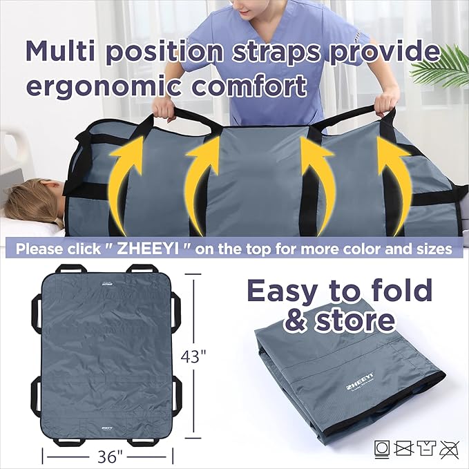 Positioning Bed Pad with Reinforced Handles 43" x 36" Patient Transfer Sheet Aid Assistant for Body Lifting, Turning, Repositioning, for Elderly, Incontinence, Caregiver, Gray