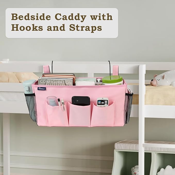 Surblue Bedside Organizer with Hook & Caddy Hanging Storage Bag with Adjustable Straps and Water Bottle Holder for Home, College, Dorm Bunk Bed & Crib Bed Rails Accessories, Pink