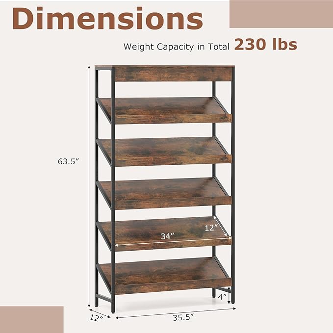 Tangkula 6-Tier Bookshelf, Tall Freestanding Bookcase with Angled Shelves, Industrial Display Rack Storage Organizer with Metal Frame & Anti-Tip Kits for Home Office Living Room (2, Rustic Brown)