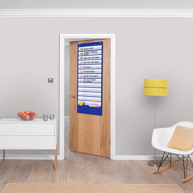 Godery Scheduling Pocket Chart, 13+1 Pockert, Daily Class Schedule Pocket Chart with 18 Dry-Eraser Cards, Ideal for Classroom Office School Home Used, Over-door Mount (Blue)