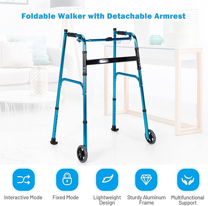 Goplus Walkers for Seniors, Foldable Standard Walker with 5’’ Wheels and Removable Padded Armrests 440lbs, Lightweight Walking Mobility Aid, Folding Platform Walker for Elderly, Handicap, Disabled