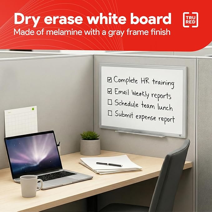 TRU RED Melamine Whiteboard | Dry Erase Board for Wall, White Board with Gray Frame, 2 ft x 1.5 ft