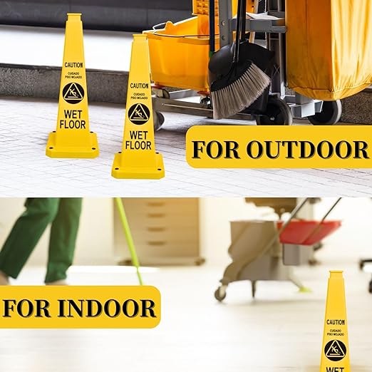 BESEA Caution Wet Floor Sign 3 Pack, 28" Heavy Duty Safety Cone with Weighted Base, Yellow 4-Sided Bilingual Warning Sign, Non-Slip Floor Safety Cone for Restaurants, Stores, Schools, Hotels