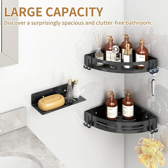 JUYSON Shower Caddy Corner Shelves for Inside Shower No Drilling, Stainless Steel Organizer Corner for Bathroom with Soap Holder, 2-Tier Caddy Adhesive with Hooks