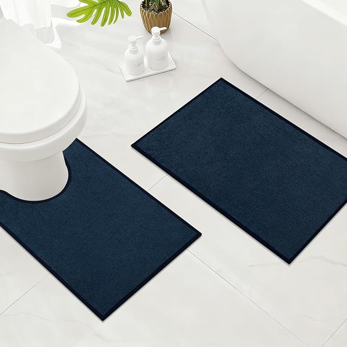 YIHOUSE Bathroom Rugs Mats Sets 2 Pieces, Ultra Thin Bath Mat Absorbent Non Slip Bath Rugs for Bathroom Washable, Shower, Sink, Laundry (Dark Blue, 2 Pieces)
