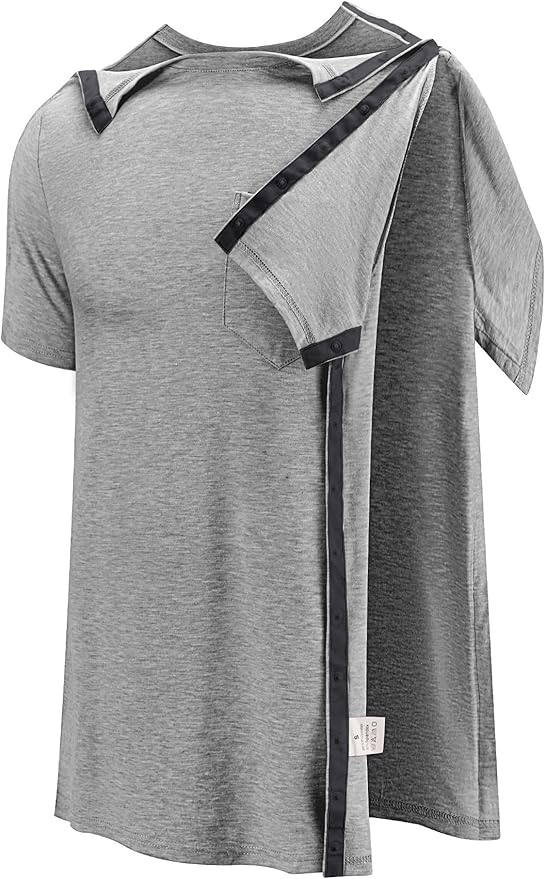 Poriff Men's Post Shoulder Surgery Recovery Shirts Full Tear Away Short Sleeve Snap Chemo Port Access Shirt