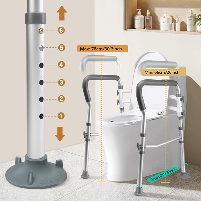 Toilet Safety Rails for Seniors, Adjustable Toilet Safety Frame Handles Fits Most Toilets, Gifts for Handicap and Disabled Seniors Elderly, Foldable, Safe Weight Capacity of 330 lbs(150KG)