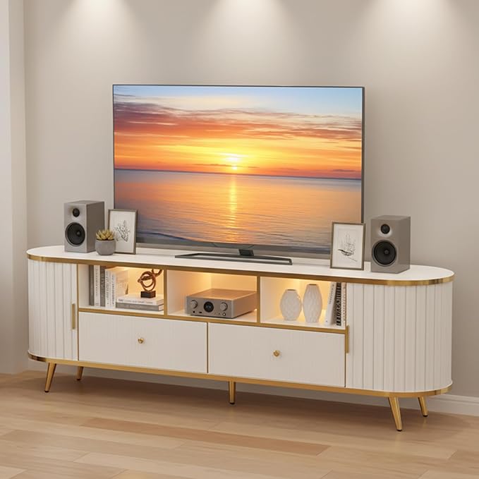 70 inch Fluted TV Stand, Luxury Modern TV Console & Media Entertainment Center for Living Room with Curved Profile, 2 Drawers, Storage Cabinet, and LED Lights, White, Holds TVs Up to 80"