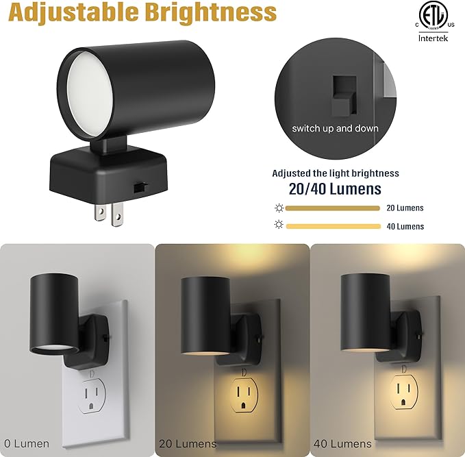 Led Night Light Plug in,Night Lights Plug into Wall Dusk to Dawn Sensor,20lm/40lm Adjustable Brightness,2700k Soft White,Dimmable Night Light for Hallway Bedroom Bathroom 2 Pack ETL-Certified