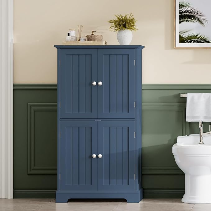 ChooChoo Bathroom Floor Cabinet, Modern Bathroom Storage Cabinet with 4 Doors and Adjustable Shelves, Freestanding Cupboard for Living Room, Blue