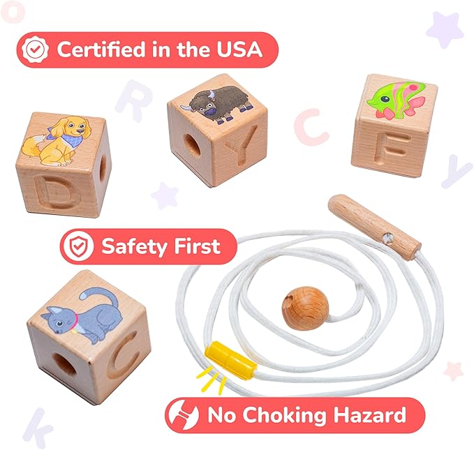 Bimi Boo Alphabet Lacing Beads for Toddlers - ABC Fine Motor Letter Threading Wooden Toy with Objects & Animals (26 Large Stringing Blocks, 2 Ropes, Cotton Bag)