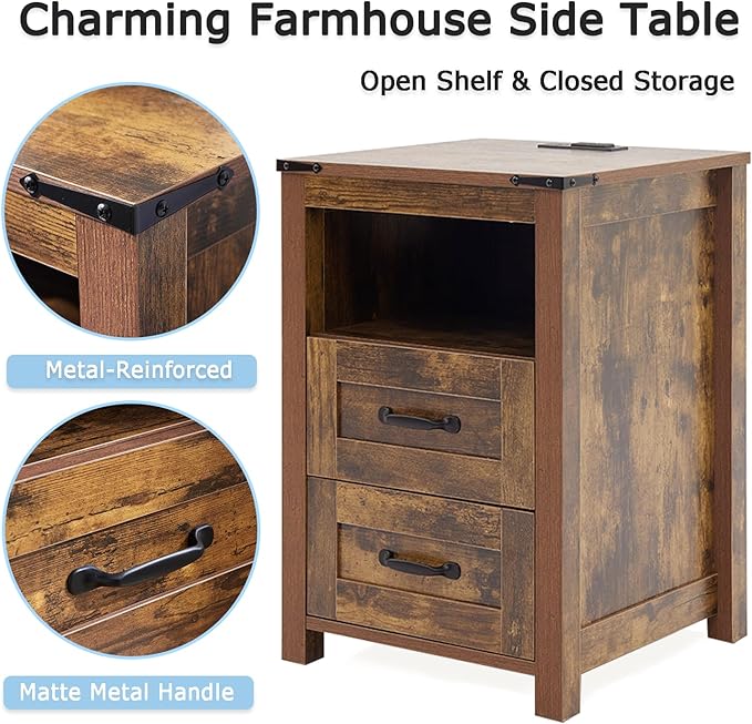 Brown Night Stand Set of 2, Rustic End Table with Charging Station, Farmhouse Tall Nightstand for Bedroom, Drawer Dresser Bedside Table with Open Storage Shelf
