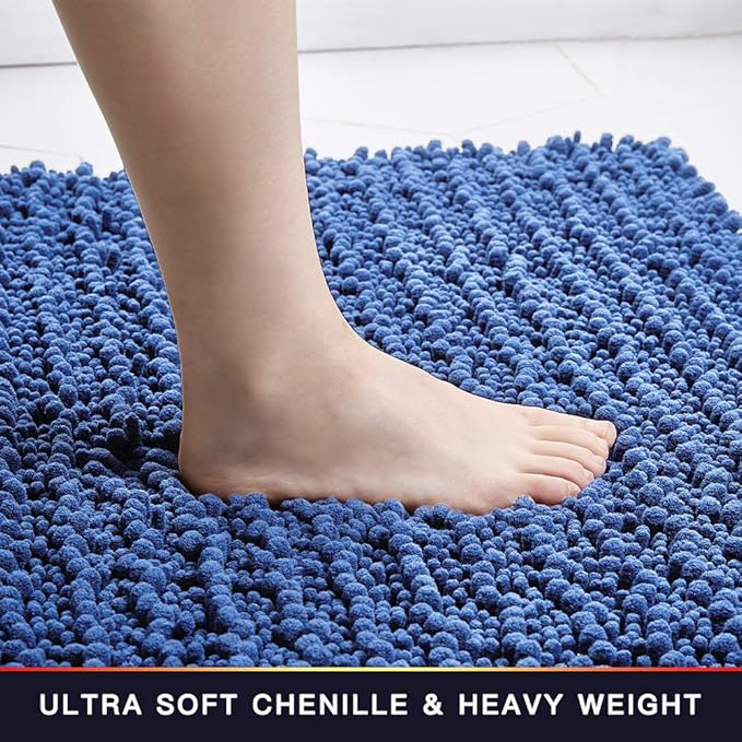 Walensee Bathroom Contour Rug Non Slip Toilet U Shaped Bath Mat (20x24, Dark Blue) Water Absorbent Super Soft Shaggy Chenille Machine Washable Dry Extra Thick Perfect Absorbant Best Plush Carpet