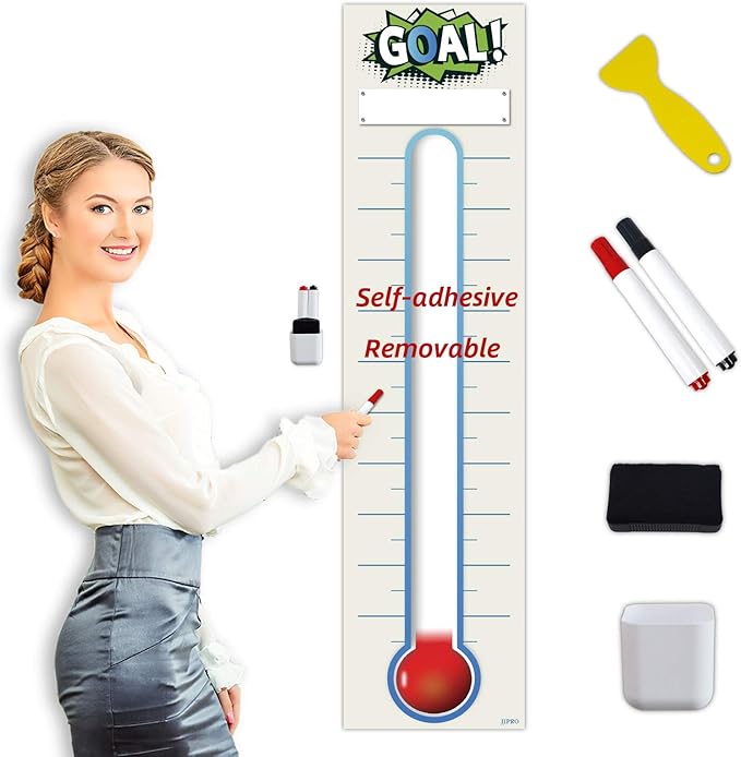 Fundraising Thermometer Chart Goal Tracker Decal - 48"x12" - Dry Erase Goal Setting Wall Poster Thermometer - Removable Giant Sales Goal Vinyl Sticker (Blue)