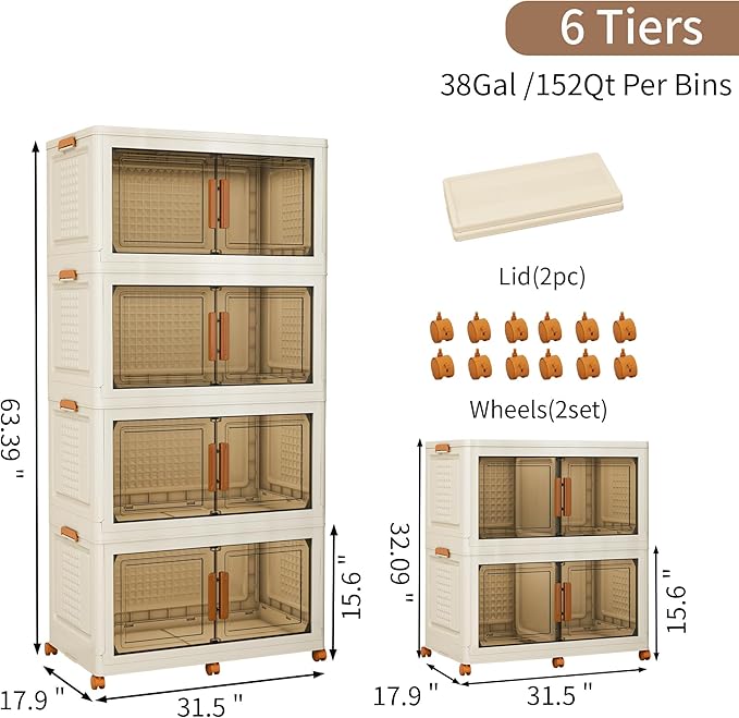 Plastic Stackable Storage Bins with 2 Lids and Wheels, 912QT-152QT*6Tier Foldable Closet Organizers and Containers, Collapsible Clear Drawer Storage Cabinet with Doors Ivory White