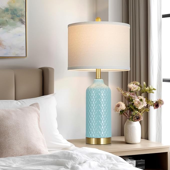 26“ Aqua Blue Ceramic Lamp Single, Coastal Table Lamps for Living Room End Table, Modern Bedside Lamp for Nightstand, Elegant Farmhouse Bedroom Lamps for Desk Side Home Decor(Bulb Included)